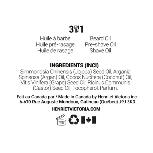 Miniatura 3 de HENRI ET VICTORIA Fragancia de aceite de barba Amande Fabricado en Canadá por expertos artesanos Ingredientes hidratantes, no grasos, naturales