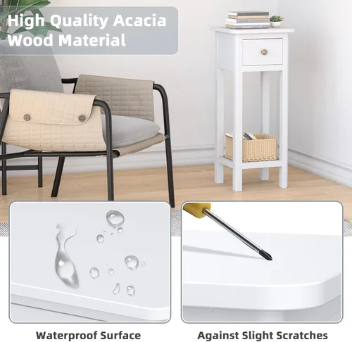 Miniatura 4 de Giantex - Mesa auxiliar alta con cajón y estante, mesa auxiliar estrecha de dos niveles, mesa de noche de madera de acacia para sala de estar, mesa