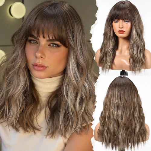 Miniatura 7 de HAIRCUBE Peluca larga con flequillo, pelucas sintéticas onduladas para mujer, color castaño rojizo