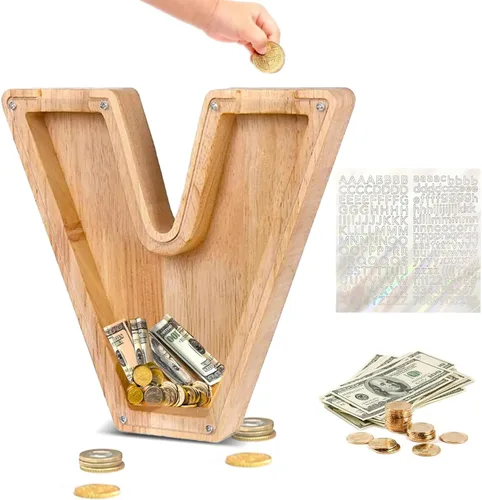 Miniatura 21 de Alcancía de Madera Personalizada con Letras del Alfabeto, Banco de Monedas con Letras del Alfabeto para Niños, Niñas y Bebés, Tamaño Grande, 26