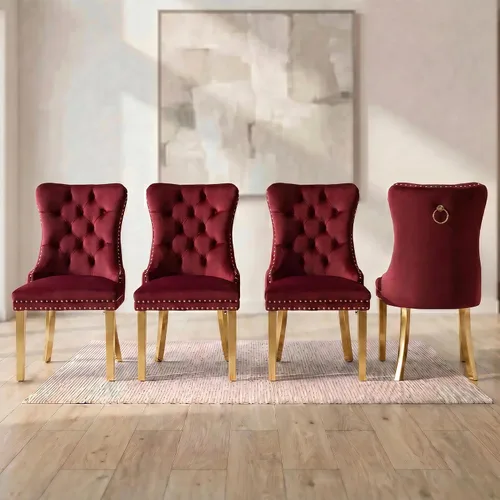 Miniatura 118 de OVENTA Juego de 6 sillas de comedor modernas tapizadas copetudas, sillas de comedor de terciopelo beige cálido con patas de madera maciza, sillas