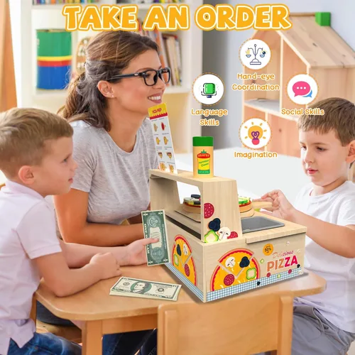 Miniatura 5 de WOODMAM Juguete de pizza de madera – 48 piezas Montessori pretender Play Food para mayores de 3 años, juguete educativo de aprendizaje de madera