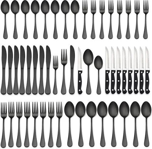 Miniatura 11 de LIANYU Juego de cubiertos negros de 36 piezas con cuchillos para carne, cubiertos de acero inoxidable para 6, utensilios de cocina modernos, acabado