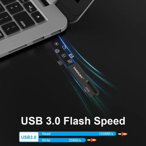 Miniatura 6 de Vansuny Unidad flash USB 3.0 de 256 GB, impermeable, memoria USB 3.0, memoria de ultra alta velocidad, unidad de pulgar portátil para 1Pack negro