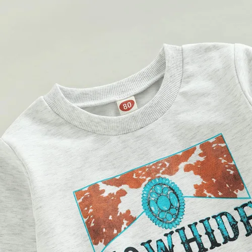 Miniatura 5 de Conjunto de 2 piezas de ropa occidental con estampado de letras, sudadera con estampado de vaca, pantalones acampanados para otoño e invierno