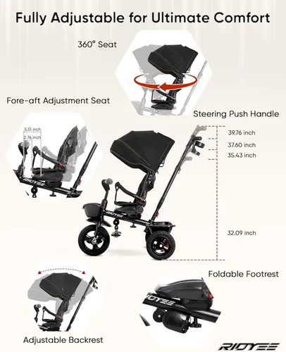 Miniatura 6 de RIDYEE Triciclo 7 en 1 para 18 meses a 5 años, neumáticos de goma todo terreno, frenos de doble rueda, asiento giratorio para niños pequeños de 1.5