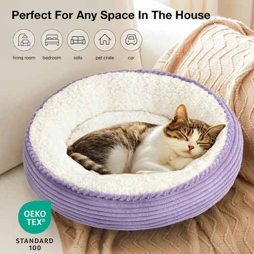 Miniatura 6 de Love's cabin Cama redonda acolchada para gatos y perros, cama para mascotas de 20 pulgadas para gatos o perros pequeños, parte inferior Violeta