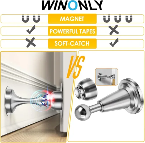 Miniatura 2 de Tope magnético para puerta, de acero inoxidable, con bloqueo magnético, cinta adhesiva de doble cara 3M, sin perforaciones, tornillos para un