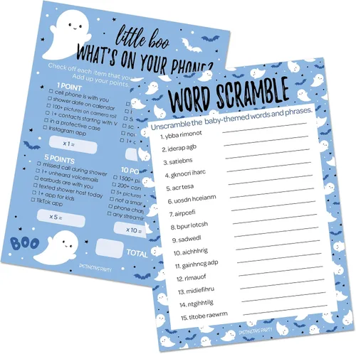 DISTINCTIVS Blue Little Boo is Almost Due Halloween Boy Baby Shower Game Pack – 20 tarjetas de doble cara – Qué hay en tu teléfono y palabras –