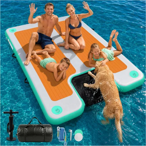 Miniatura 13 de AWEMUFA Muelle flotante inflable con rampa de 5 pies/6 pies/8 pies/10 pies, plataforma flotante flotante, tapete flotante de isla flotante, flotador
