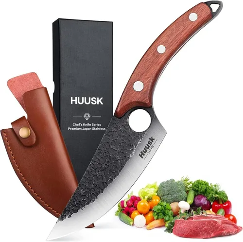 Huusk - Cuchillo vikingo japonés, cuchillo forjado con funda, acero de alto carbono, filete de carnicero japonés para cocina, campamento, regalos de