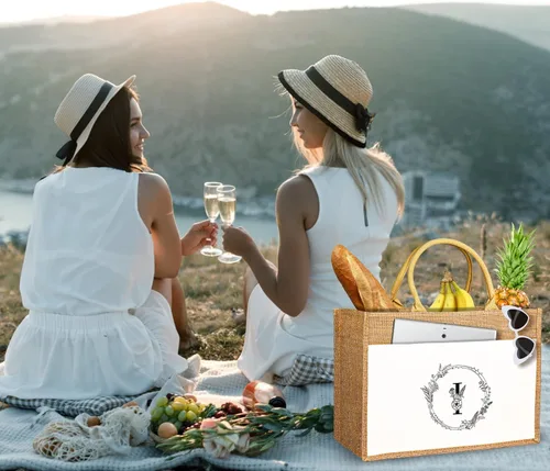 Miniatura 3 de JUSTOTRY Bolsa de mano con inicial, yute natural, grande, 13 onzas, personalizada, bolsa de lona con monograma, regalo para mujer