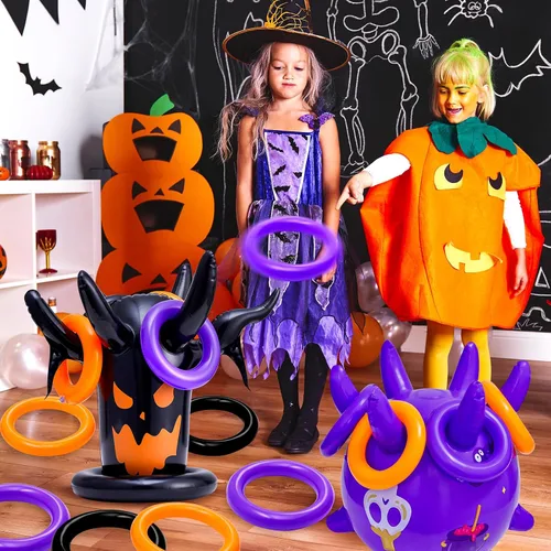 Miniatura 5 de Juego de lanzamiento de anillos de Halloween, inflable, espeluznante, juego de lanzamiento de brujas para niños, suministros de fiesta de Halloween