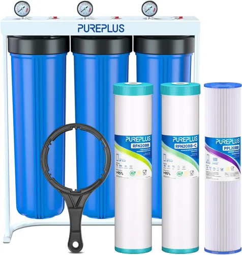 PUREPLUS Filtro de agua de 3 etapas para toda la casa de 20 pulgadas, sistema de filtración para el hogar, prefiltro plisado, carbón activado y