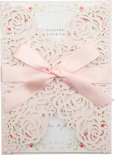 Miniatura 8 de ponatia 25 unidades por lote de 250 GSM, 5.12 x 7.1 pulgadas, con purpurina, rosa hueca con cinta burdeos, para boda, despedida de soltera