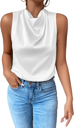 Miniatura 3 de Avanova Blusas de satén sin mangas para mujer, estilo casual, cuello drapeado y fruncido en la parte delantera