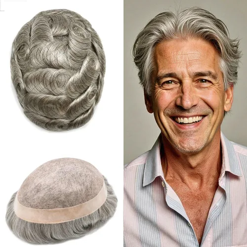 Miniatura 77 de Toupee de cabello humano fino mono revestido de poliéster para hombre, postizo de monofilamento duradero NPU monofilamento tupé para hombres