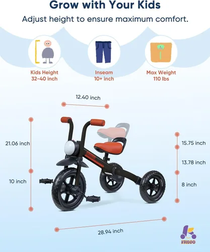 Miniatura 6 de KRIDDO Bicicleta de equilibrio 2 en 1 para niños y triciclo para niños de 2 a 5 años, bicicleta de equilibrio para niños pequeños con pedales