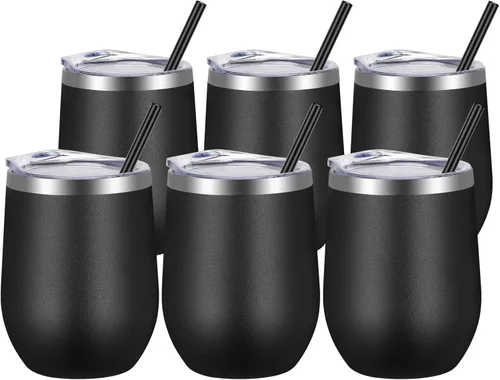 Miniatura 9 de VEGOND - Vaso de vino de acero inoxidable de 12 onzas con tapa y popote, vaso de vidrio de vino aislado de doble pared sin tallo, taza de café