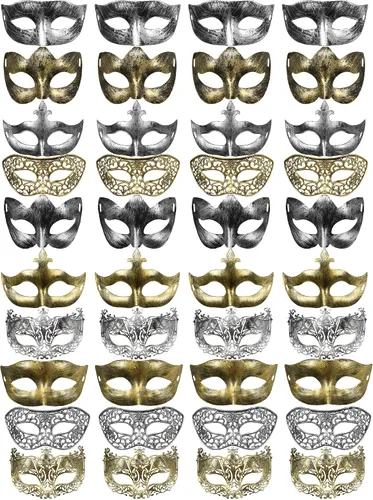 Yunsailing 40 máscaras venecianas antiguas de estilo vintage para hombres y mujeres, para desfile, fiesta, actuación, bar, carnaval (dorado, plateado