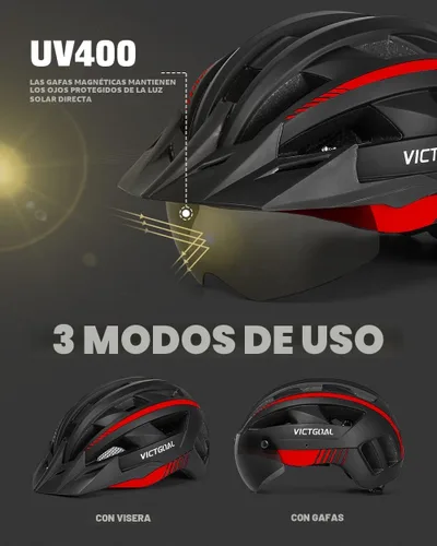 Miniatura 2 de VICTGOAL Casco de bicicleta con luz trasera recargable por USB, gafas magnéticas desmontables, visera solar extraíble, cascos de bicicleta