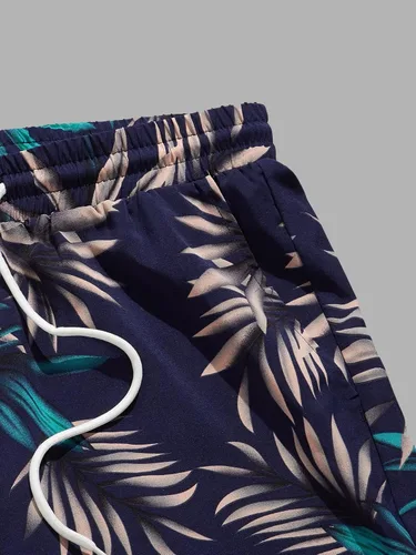 Miniatura 85 de GORGLITTER Conjunto de 2 piezas de camiseta gráfica de manga corta para hombre, estampado hawaiano con cordón y pantalones cortos