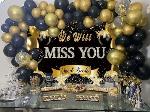 Miniatura 4 de Fondo de fiesta de despedida de jubilación We Will Miss You Black Gold Glitter Balloon Photography Background Goodbye Going Away Retirement Bye