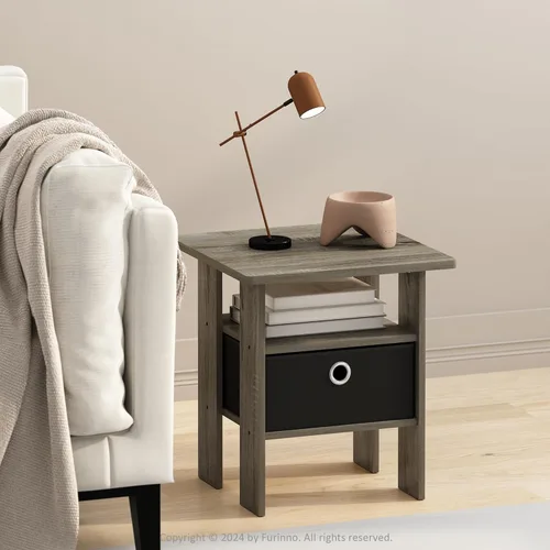 Miniatura 9 de Furinno Mesa auxiliar moderna, mesa auxiliar cuadrada con compartimento de almacenamiento, mesita de noche de esquina redonda, mesita de noche
