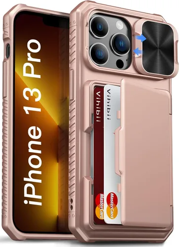 Miniatura 18 de Vihibii Funda para iPhone 13 Pro Max/iPhone 12 Pro Max con tarjetero (4 tarjetas) [bloqueo RFID] y cubierta de cámara deslizante, protección contra