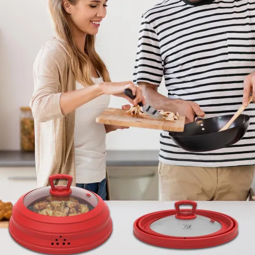 Miniatura 8 de Tapa protectora de salpicaduras de vidrio ventilado para microondas, tapa protectora de salpicaduras con silicona plegable para alimentos como Rojo