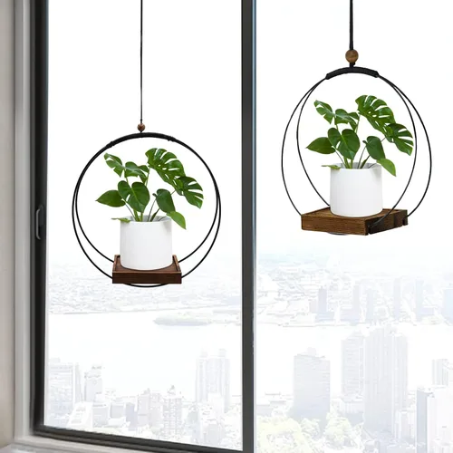 Miniatura 8 de Maceta colgante para plantas de interior, colgador de plantas negro para interiores con base de madera resistente, colgador de plantas de macramé