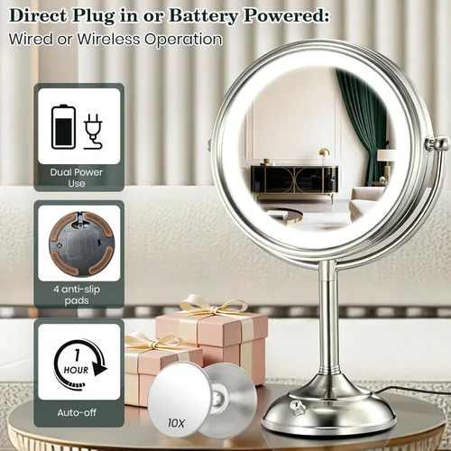 Miniatura 5 de VESAUR Espejo de maquillaje iluminado extra grande de 11.8" y 17" de alto, espejo de aumento de 3 lados 1X/5X/10X con 96 LED, 3 luces regulables