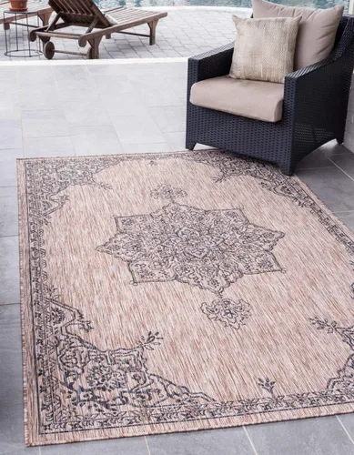 Unique Loom Outdoor Traditional Collection - Alfombra de área antigua (4 pies 1 pulgada x 6 pies 1 pulgada, rectangular, beige y negro)