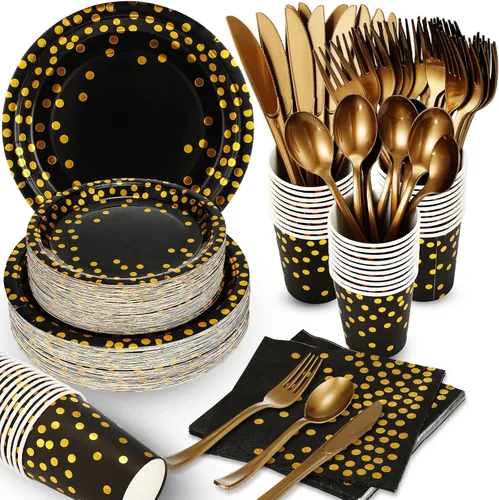Sieral 560 piezas de suministros de fiesta negros y dorados para 80 invitados, kits de vajilla de punto dorado, platos de papel negro, tazas,