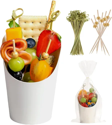 60 juegos de tazas desechables de charcutería con palillos y bolsas, 14 oz, cajas de aperitivos blancas de papel kraft, tazas para papas fritas con