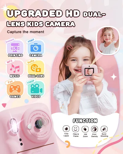 Miniatura 2 de JOYJAM Cámara para niños con impresión instantánea, cámara digital de selfie de doble lente mejorada para niños, HD 1080P, juguetes de regalo