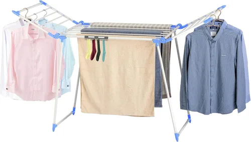 Miniatura 10 de Estante de secado de ropa, estante de lavandería Gullwing, plegable, ahorra espacio, con clips para calcetines, para ropa, toallas, ropa de cama