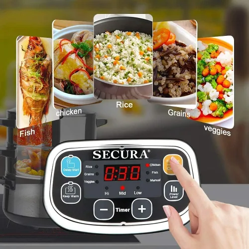 Miniatura 6 de Secura Vaporizador eléctrico de alimentos, cestas apilables de doble nivel con temporizador, 1200 W, calentamiento rápido, acero inoxidable