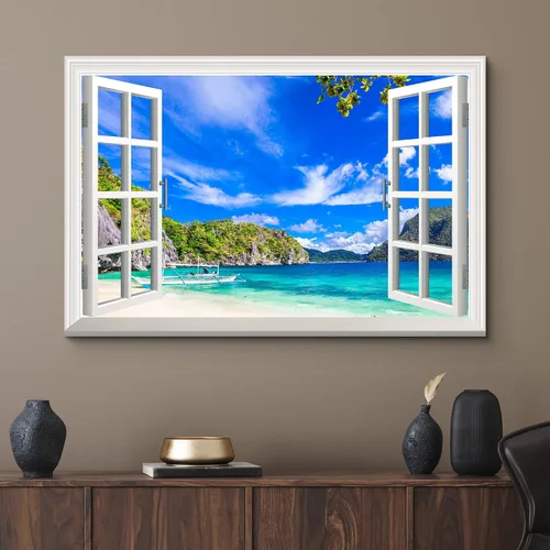 Miniatura 2 de wall26 Lienzo impreso para pared, vista de ventana a barco y playa tropical, isla de naturaleza, desierto, fotografía, realismo, paisaje rústico