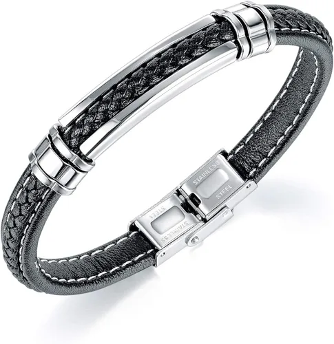 FILOBOKO Pulsera de cuero negro para hombres adolescentes y niños, pulsera de hebilla ajustable de acero inoxidable plateado para hombres, Metal, no