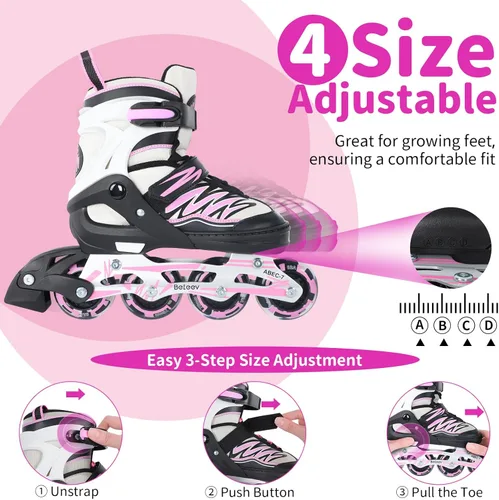 Miniatura 3 de BELEEV Patines en línea con ruedas iluminadas y cordones, cuchillas ajustables de 4 tallas para niños, niños y niñas de 5-8, 8-12, 6-12, patines Rosa