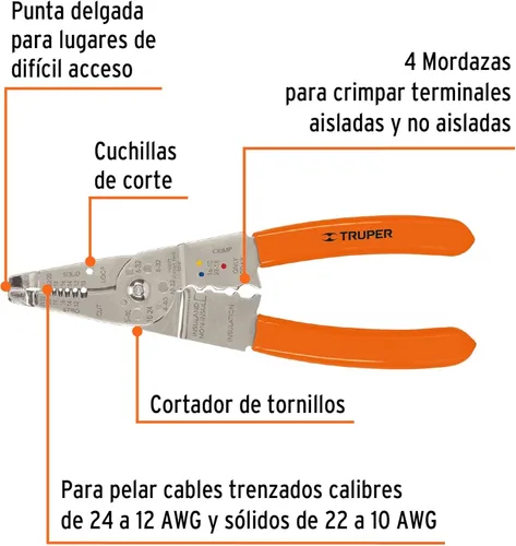 Miniatura 2 de Truper Pelacables y cortador de 8" - Naranja, acero aleado, plástico y caucho