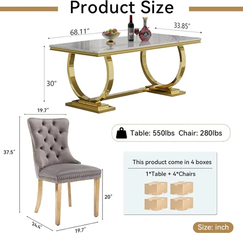 Miniatura 5 de HomVent Juego de mesa de comedor moderno para 4, juego de mesa de comedor de mármol sintético, juego de mesa de cocina rectangular con 4 sillas