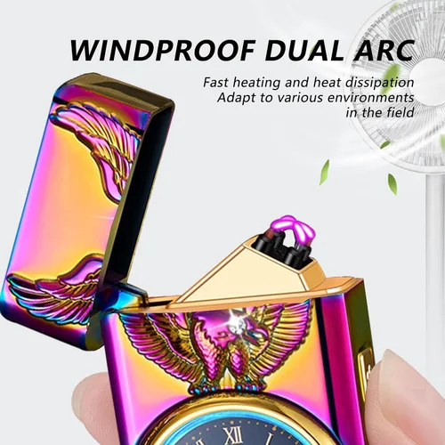 Miniatura 2 de BABOBIU Encendedor eléctrico recargable a prueba de viento USB con esfera de reloj y diseño de águila sin llama para camping, oficina en casa