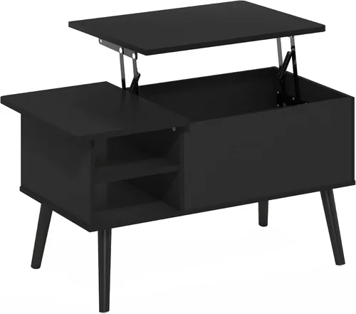 Miniatura 5 de Furinno Jensen - Mesa auxiliar de madera con parte superior elevadora de patas con compartimento oculto y estante lateral abierto para sala