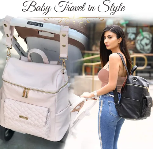 Miniatura 7 de Luli Bebe - Mochila grande para pañales de piel vegana moderna de diseñador con estilo para mamá, multiusos, espaciosa, con cambiador (marrón late)