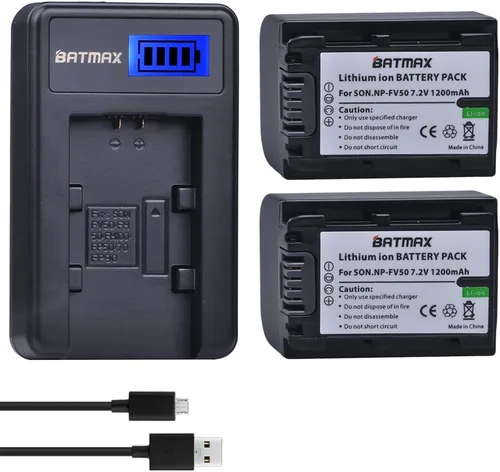Batmax Paquete de 2 baterías + cargador LCD para baterías Sony NP-FV30, NP-FV40, NP-FV50; Sony FDR-AX53 HDR-CX230 HDR-CX220 CX330 CX380 CX455 CX900