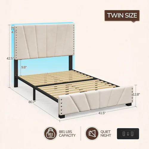 EnHomee Base de cama de plataforma individual con cabecera ajustable tapizada de terciopelo, luces LED y estación de carga para dormitorio, Beige