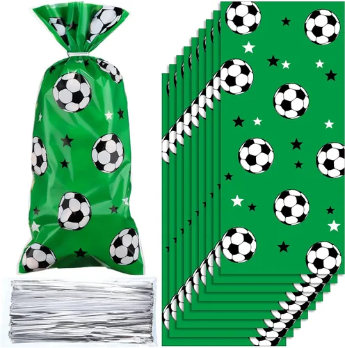 Blulu 100 bolsas de regalo de fútbol, celofán de fútbol, bolsas de golosinas de celofán sellables con calor, bolsas de dulces de fútbol con 100 Verde