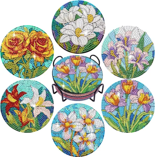 Miniatura 24 de Leatrice 6 piezas de posavasos de arte de diamante pequeños kits de pintura de diamante para adultos con puntos de diamante redondos, taladro
